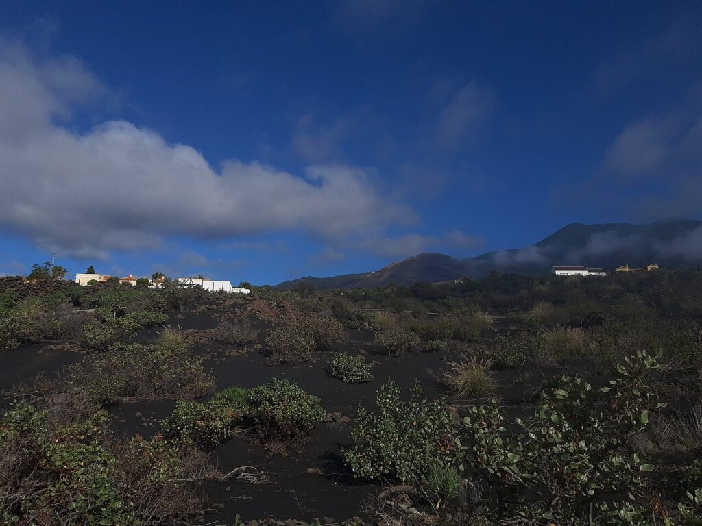 Casas rodeadas por la colada de lava de la erupción de 2021 en La Palma