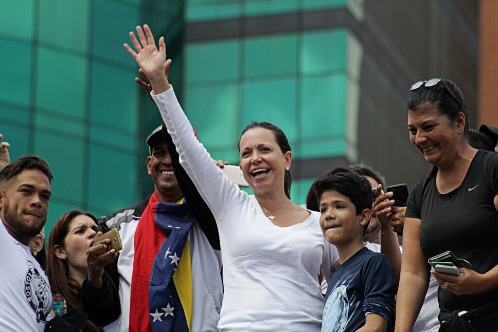 María Corina Machado durante una marcha de protesta en Caracas en febrero de 2019