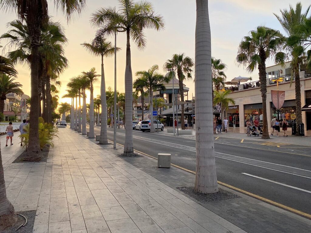 Avenida de Las Américas, en Playa de las Américas (Arona), al anochecer