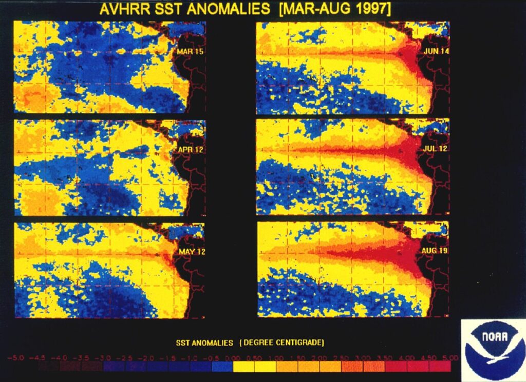Mapa de la NOAA con las anomalías de temperatura del océano durante El Niño de 1997